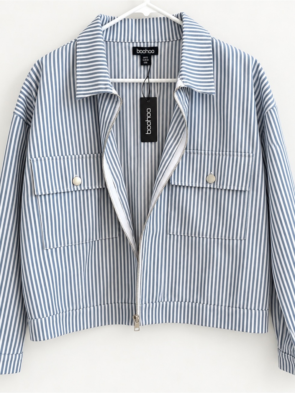 Boohoo Stripe Chambray Denim Jacket Blue White US 8 NWT Zip Front
